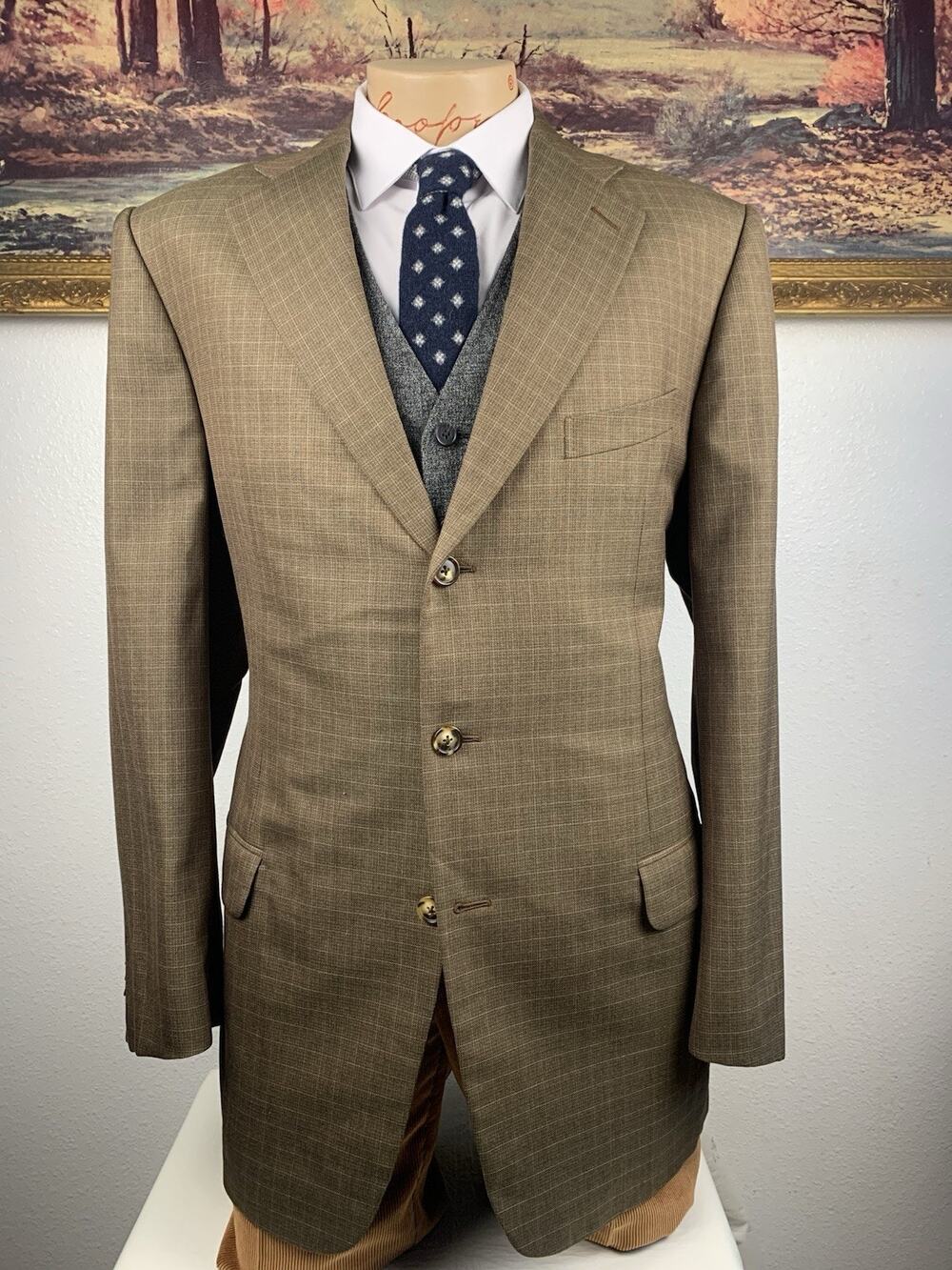 Ermenegildo Zegna Mens Beige Minicheck Wool & Silk Blazer 46L / 56IT